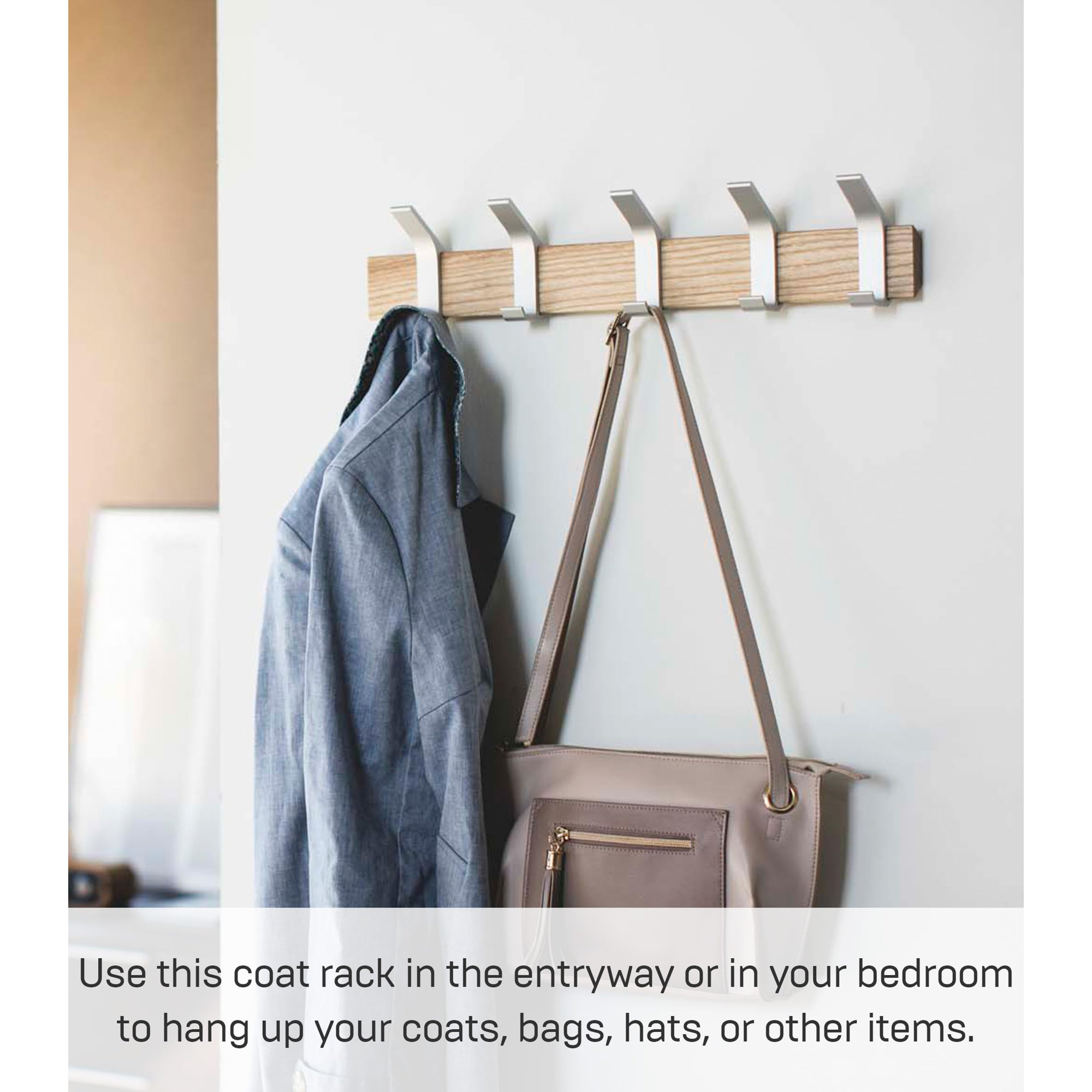 Yamazaki Home Wall-Mounted Coat Hanger, Steel + Wood, Ash