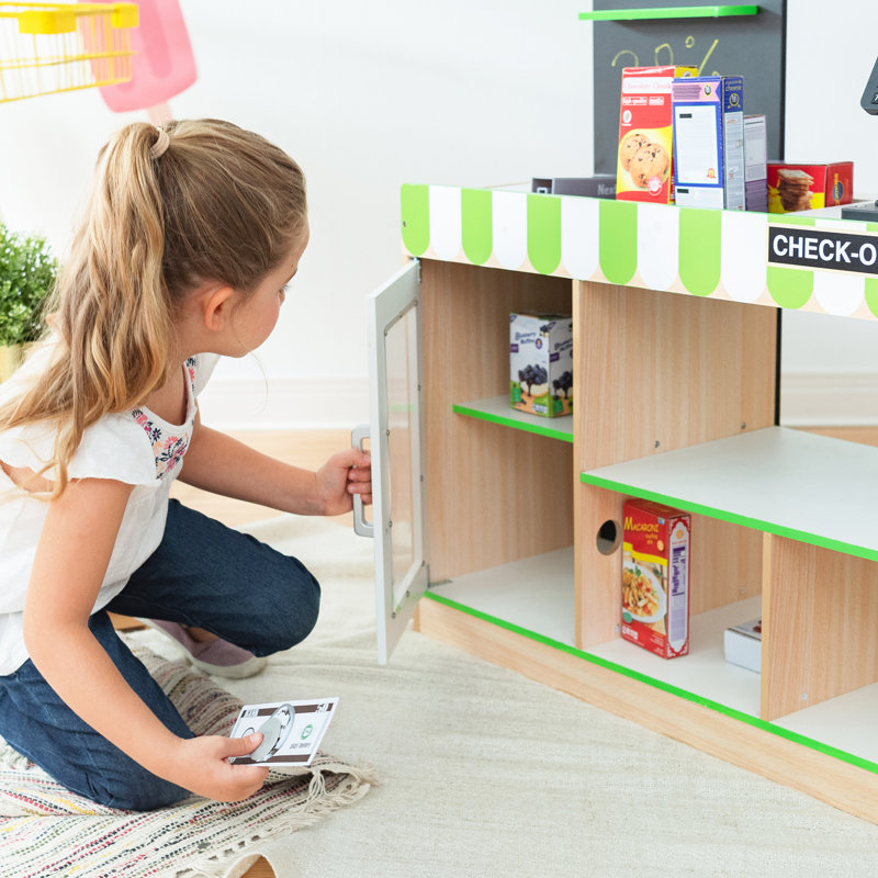 Teamson Kids Cashier Austin Interactive Play Checkout Counter Stand with 26 Accessories, Green/White/Natural Wood