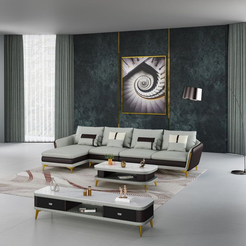 128'' Wide Genuine Leather Sofa & Chaise, Left Hand Facing