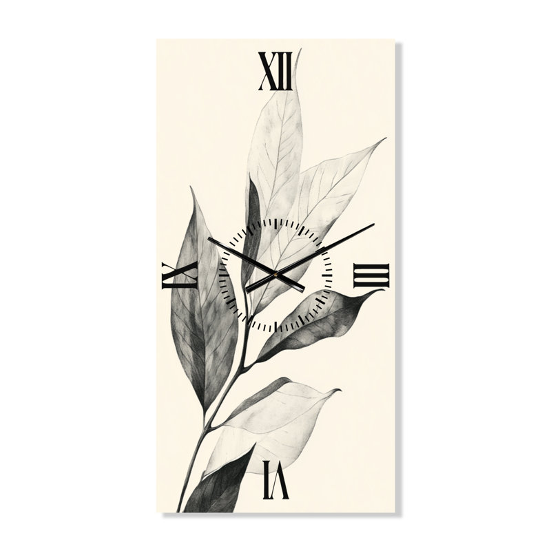 Leaf in Quiet Linework I - Japandi Wall Clock, 32" H x 16" W - Rectangle