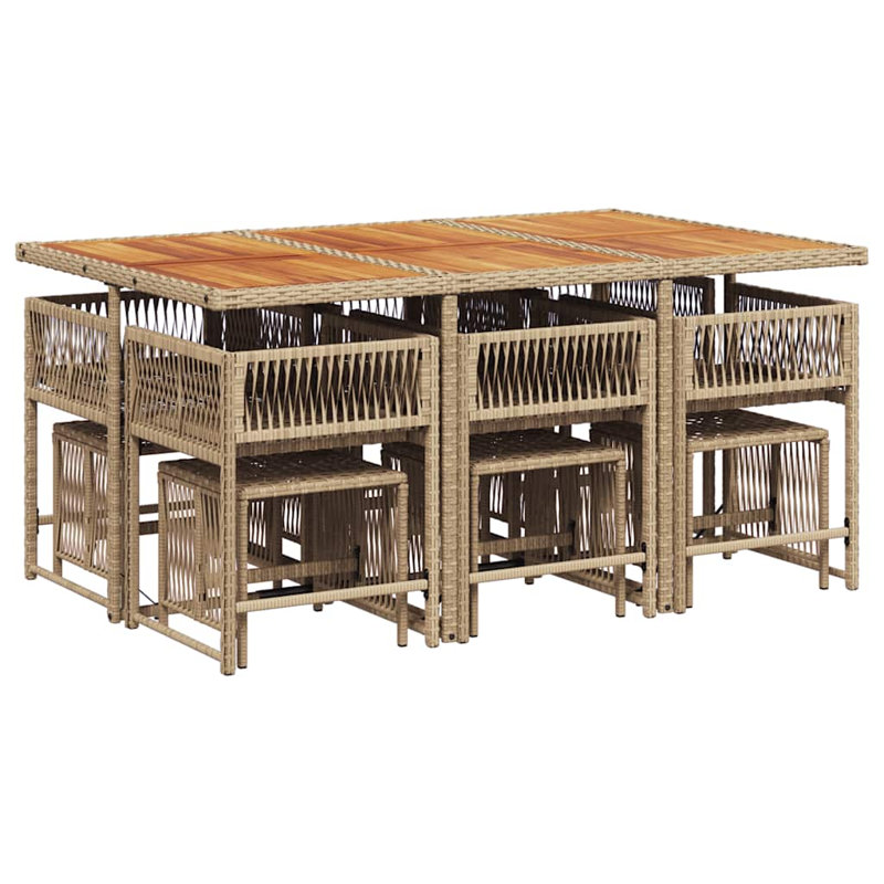 Patio Dining Set with, Beige; Brown, 11, 73 cm H x 165 cm W x 106 cm D, Beige, PE Rattan; Powder Coated Steel; Solid Wood, 10