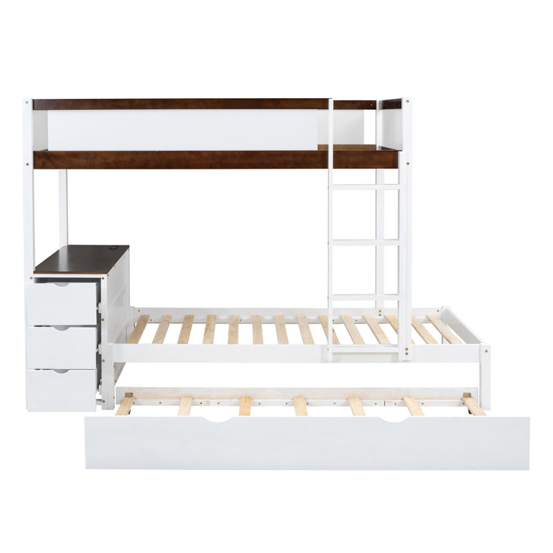 Lit superposé simple au-dessus d'un lit simple en noyer blanc avec bureau, lit gigogne, tiroirs de rangement et ports de chargement USB
