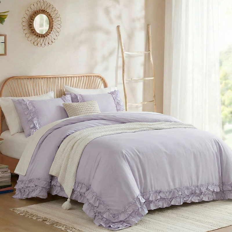 Ensemble de housse de couette à volants en coton lavande mauve très grand, ensemble de literie en argile rose de style campagne rétro Housse de couette Coquette Aesthetic French Country
