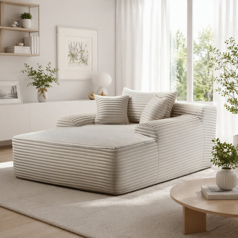 Chaise longue convertible sans assemblage avec accoudoirs larges, coussins et velours côtelé moelleux, Tissu blanc