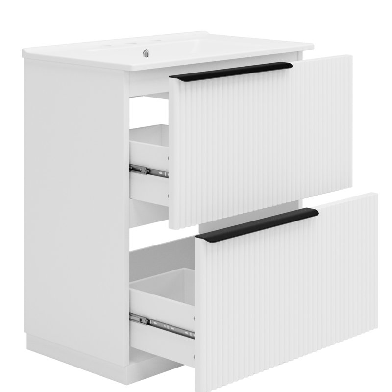 Meuble-lavabo blanc de 30 po avec solution de rangement intelligente, 17,5 po de long, aspect fonctionnel, tiroirs à extension et tiroir à fermeture en douceur