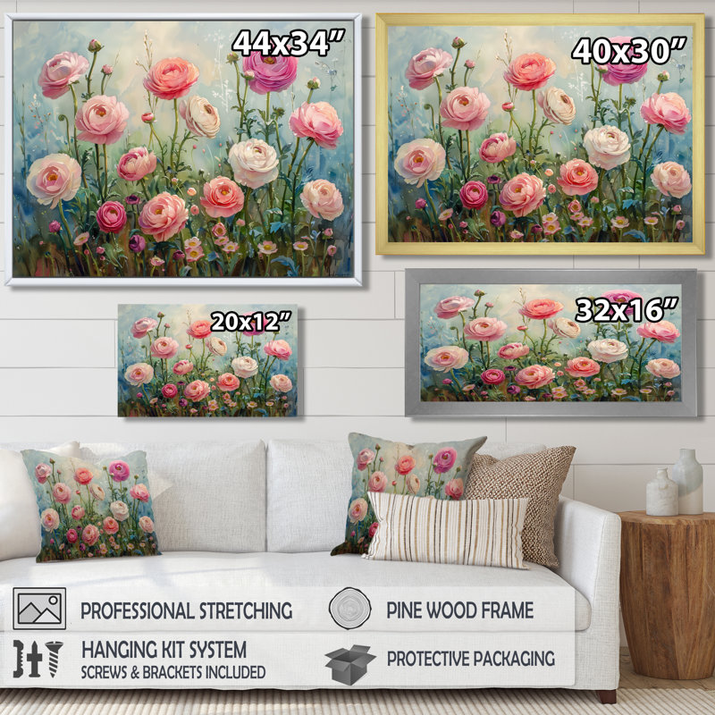 Décoration murale Garden of Love rose vert - Renoncule, Cadre flottant brun, H 12 po x l 20 po