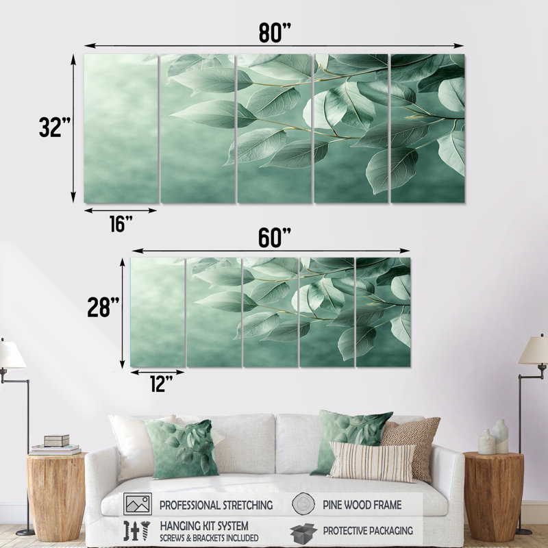 Feuilles de jade monochrome Lus Layers I - art mural jade - ensemble d'art mural traditionnel, H 28 po x l 60 po, 5