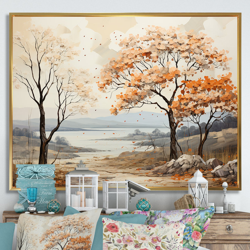 «Mute Tone Maple Trees Collage I», reproduction sur toile, Cadre flottant doré, H 34 po x l 44 po x P 1,5 po