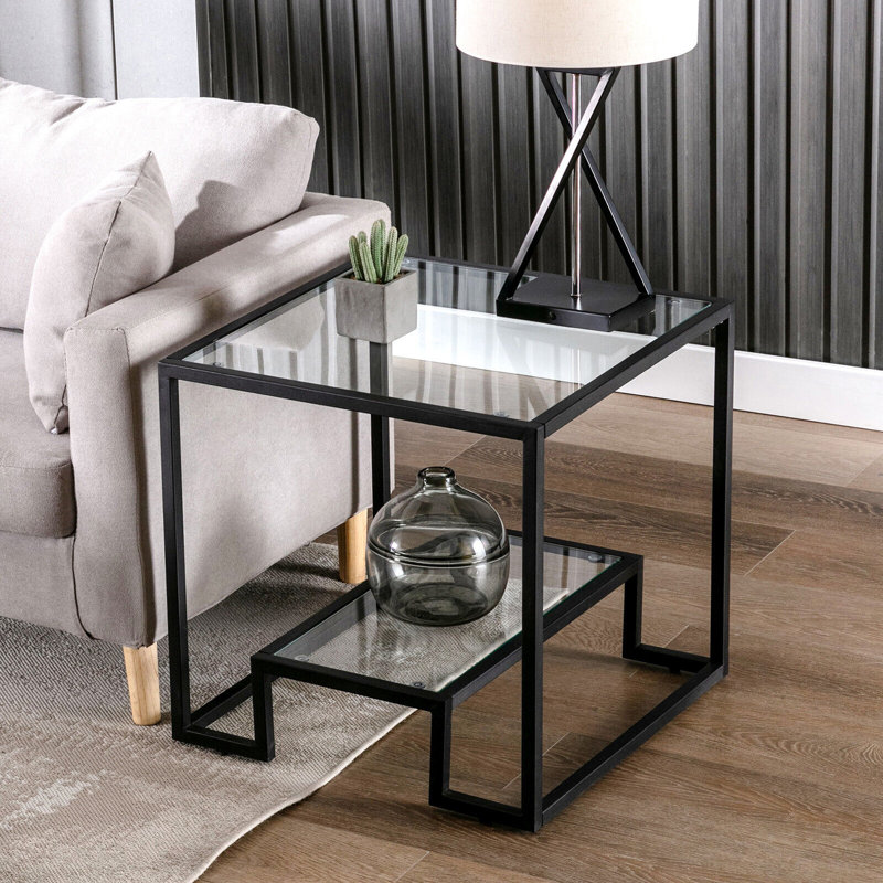 Table de bout carrée en verre trempé avec structure en métal, table d'appoint moderne avec tablette de rangement supplémentaire