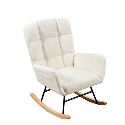 Cream White Rocking Armchair With Soft Wrapping, Metal Frame, Solid Wood Legs And Relaxing Seating Nook In White, High - End Armrest
