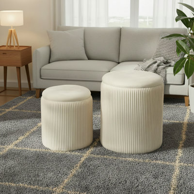 Beige, Royal Windsor Round Storage Footstool Two-Piece Set, Velvet Material, Suitable For Living Room Coffee Table/Dressing/Storage Use.