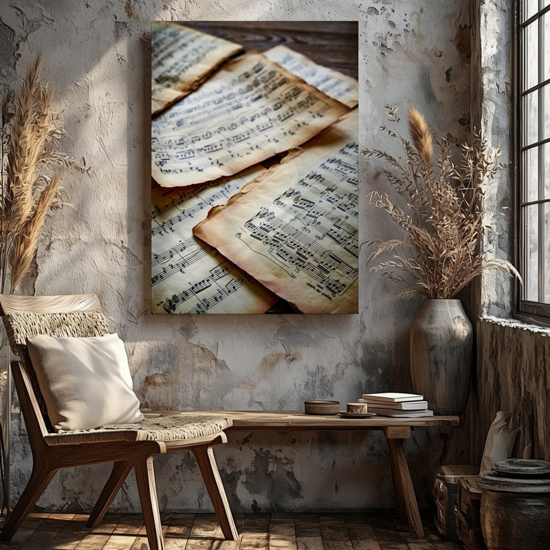 Toile, vue rapprochée de feuilles de musique rétro éparpillées sur un art mural, H 9 po x l 12 po