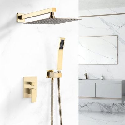 10 Inch Brushed Gold Wall Mounted Shower System With Built - In Hot And Cold Water Control, Diverter Valve, Top Spray Adjustable Head, Diverter, Finish For A Serene Bathroom