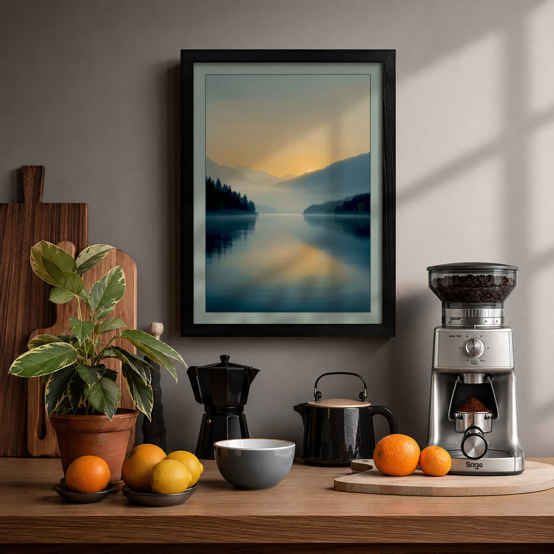 Alpine Lake at Sunrise Scandinavian - Framed Print
