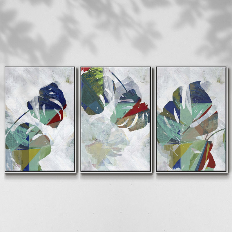 «Monstera IV», ensemble de 3 reproductions sur toiles, H 40 po x l 78 po, Blanc