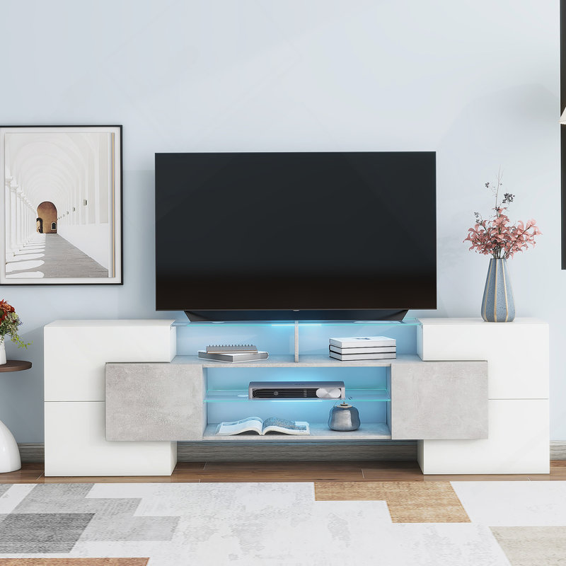 Meuble télé élégant avec tablettes en verre illuminées et lumières DEL, idéal pour les maisons modernes et le rangement multimédia