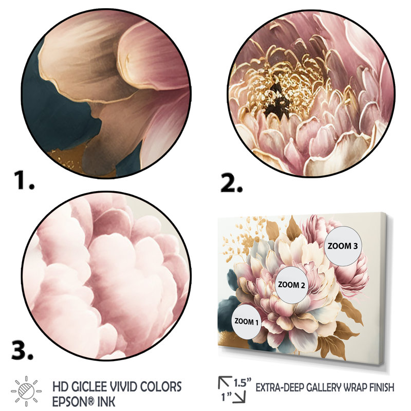 Rose et fleur de dahlia doré - Art mural sur toile floral et botanique, Toile tendue, H 12 po x l 20 po x P 1 po
