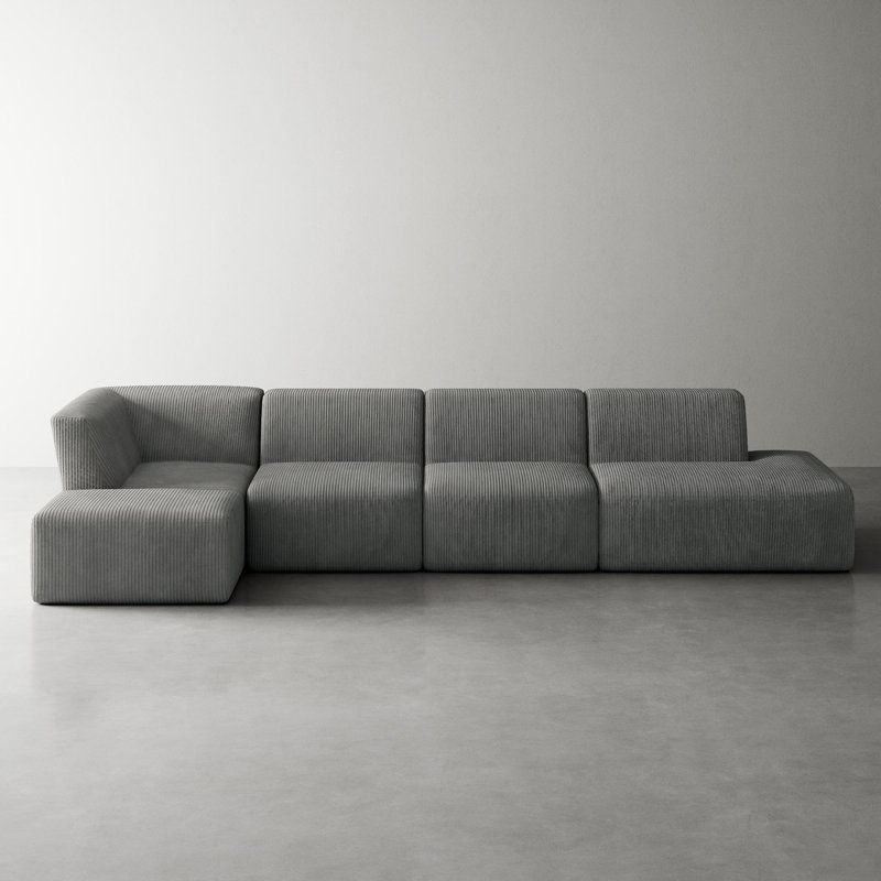 Ensemble de canapé modulaire rembourré en velours côtelé avec repose-pieds Berlare, Velours côtelé gris, Face à la gauche