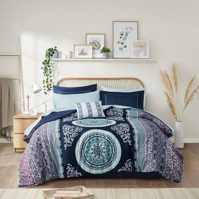 Édredon de style double avec draps - Imprimé à chevrons doux bleu marine