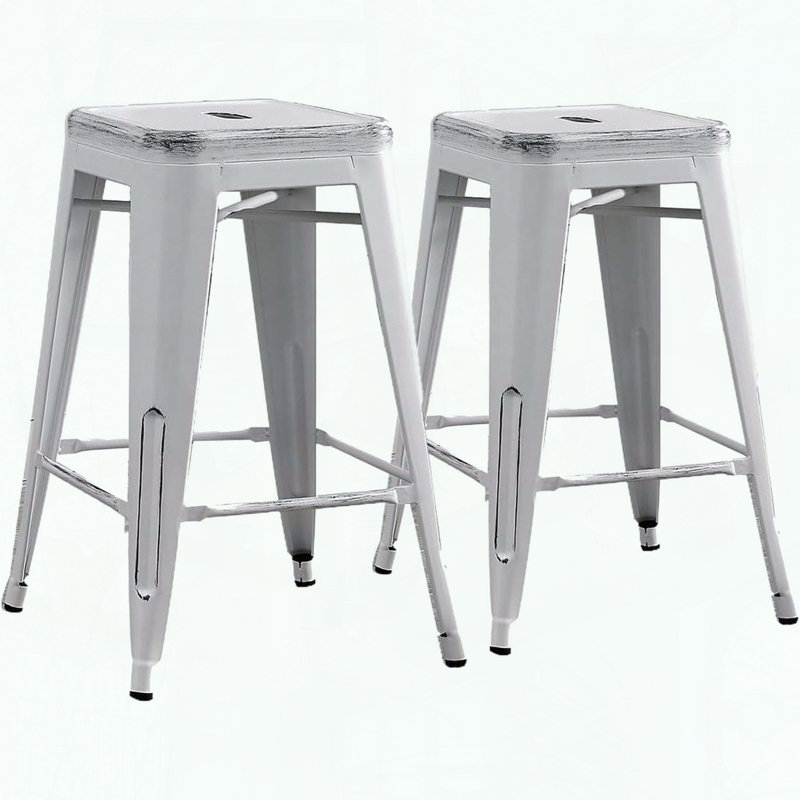Set of 2 Backless Industrial Bar Stools – Distressed White – 24" Seat – Stackable, Counter Stool (24" Seat Height)