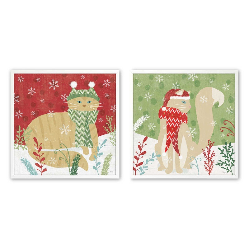 Cozy Christmas Kitty, ensemble de 2 reproductions d'art, 16 po x 16 po, Blanc opaque