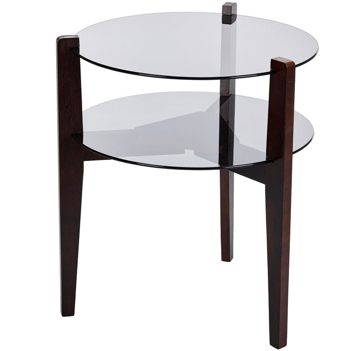 Magnum Modern Two-Tier Round End Table with Tempered Glass Shelves and Rubberwood Legs, Brown, Brown