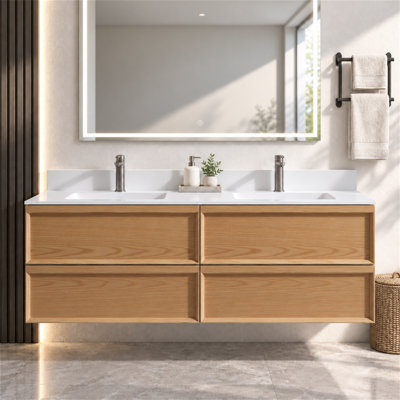 Meuble-lavabo double 60 po avec comptoir en céramique, dosseret et 4 tiroirs à fermeture en douceur Lahni
