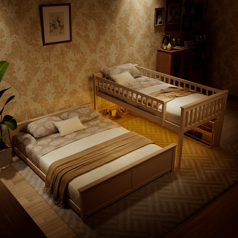 Lit simple superposé au-dessus de grand lit simple avec tablettes intégrées, lumières à changement de couleur et panneau perforé, beige