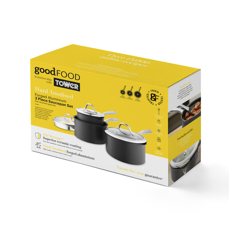 Good Food in Partnership with Tower Tri-Ply 3 Piece Saucepan Set with 16cm, 18cm & 20cm Saucepans with Tempered Glass Lids, Induction Compatible