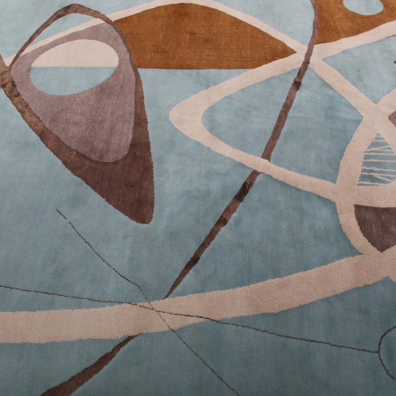 Mid Century Modern Hand Knotted Geometric Area Rug, Rectangle 10' x 14'