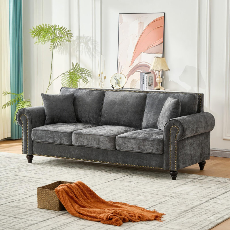 Canapé moderne à 3 places avec accoudoirs roulés, Gris