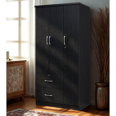 3-Door Freestanding Armoire Closet with Hanging Rod, 3-Shelves, 2-Drawers, Locking Top drawer and Cabinet Door - Bedroom Wardrobe Storage,