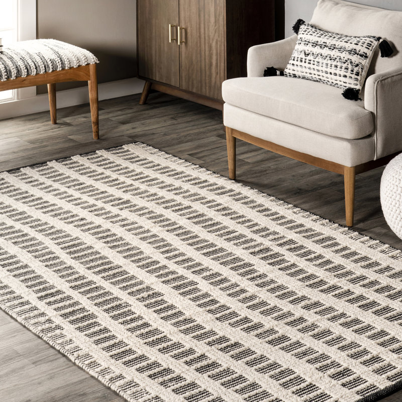 Ivory and Black Striped Wool 4' x 6' Area Rug