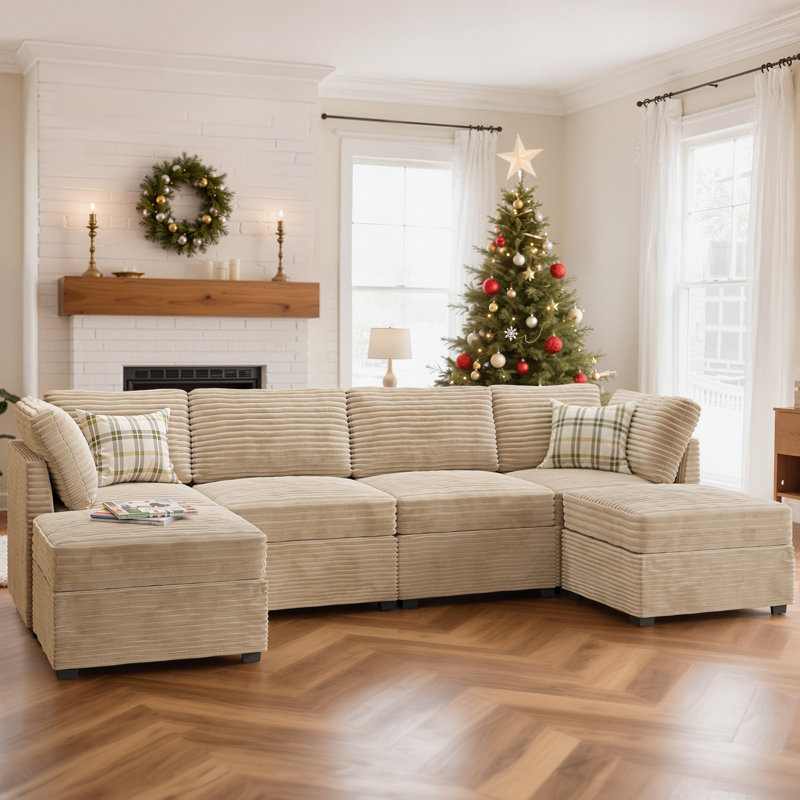  Corduroy Modular Sectional Sofa, 6- Seat L - Shape with Ottoman, 130'' Cloud Comfort, Free Combination & Safe Locking