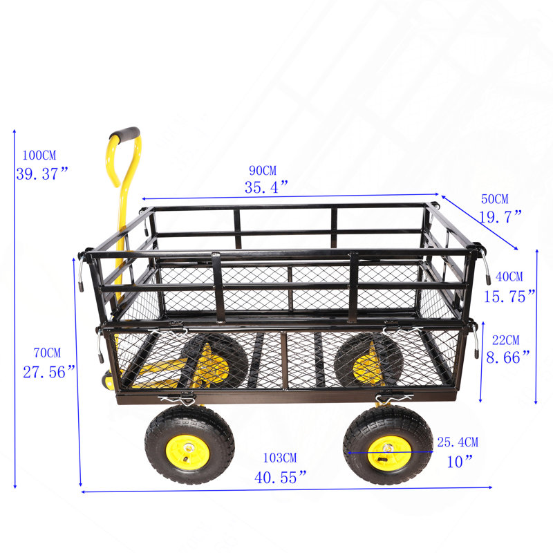 Chariot utilitaire de jardin robuste pour le transport du bois de chauffage, camion de cour en treillis d'acier, jaune et noir