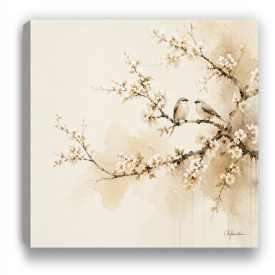 Birds on Blooming Branch Canvas Wall Art, Soft Beige  Nature Decor