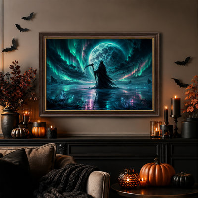 Tableau mural sur toile verte représentant une faucheuse à capuchon sous une lune bleue, idéale pour l’Halloween.