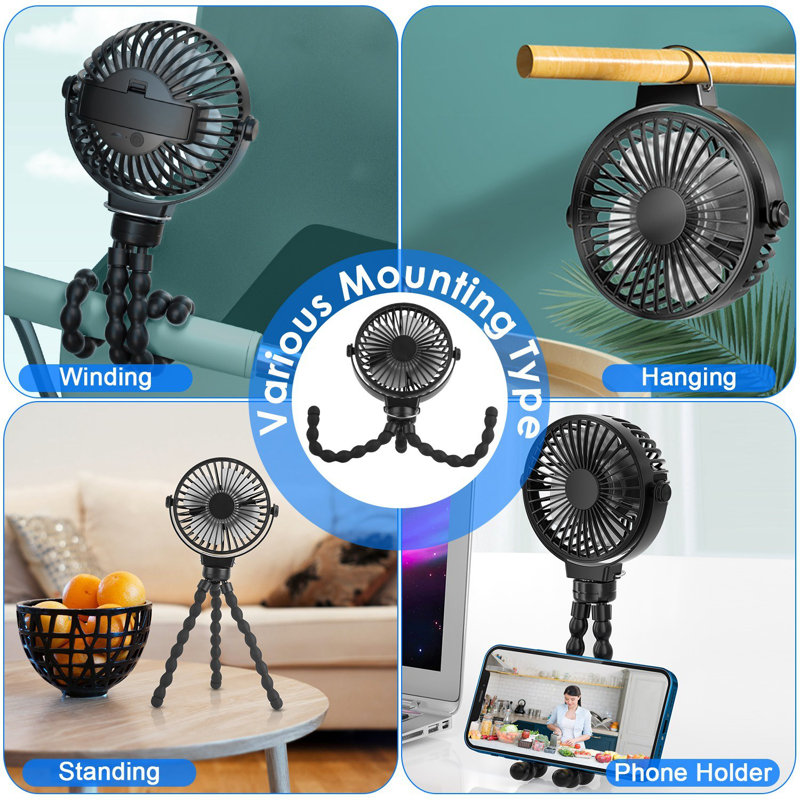 Portable Baby Stroller Rechargeable Handheld Fan with Flexible Tripod Clip On Desktop, Black
