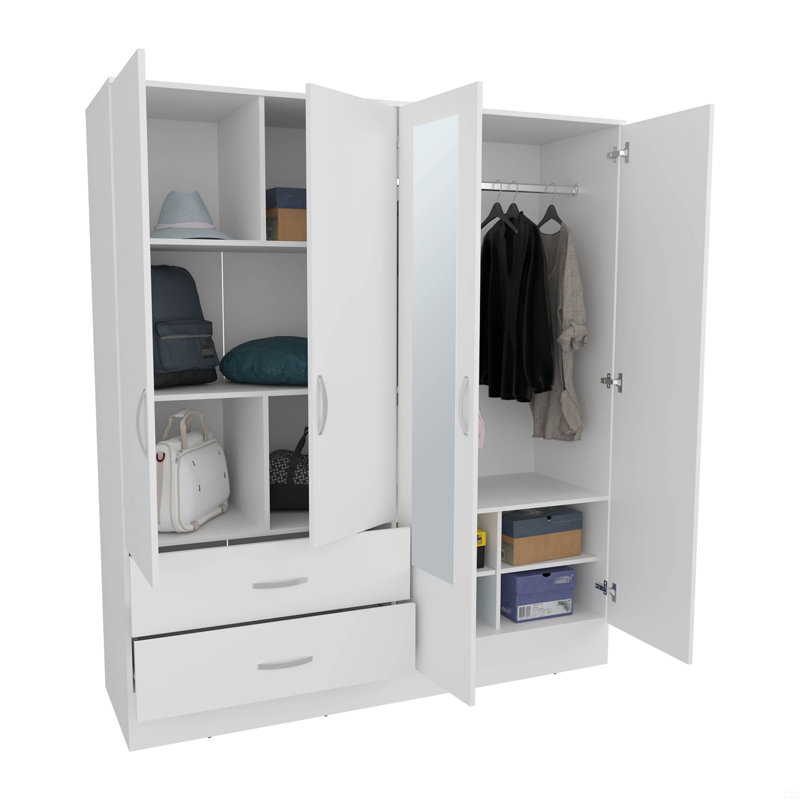 Armoire, six tablettes, deux armoires à deux portes, deux miroirs, deux tiroirs