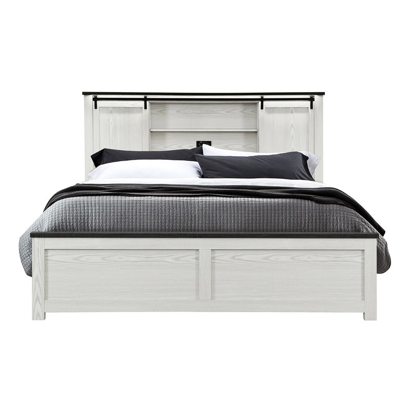Structure de lit très grand beige avec tête de lit bibliothèque avec détails de barre noire, conception à profil bas, bois massif et construction, pour un usage transitionnel, nécessite un sommier tapissier, profondeur de 93,46 po, largeur de 80,08 po