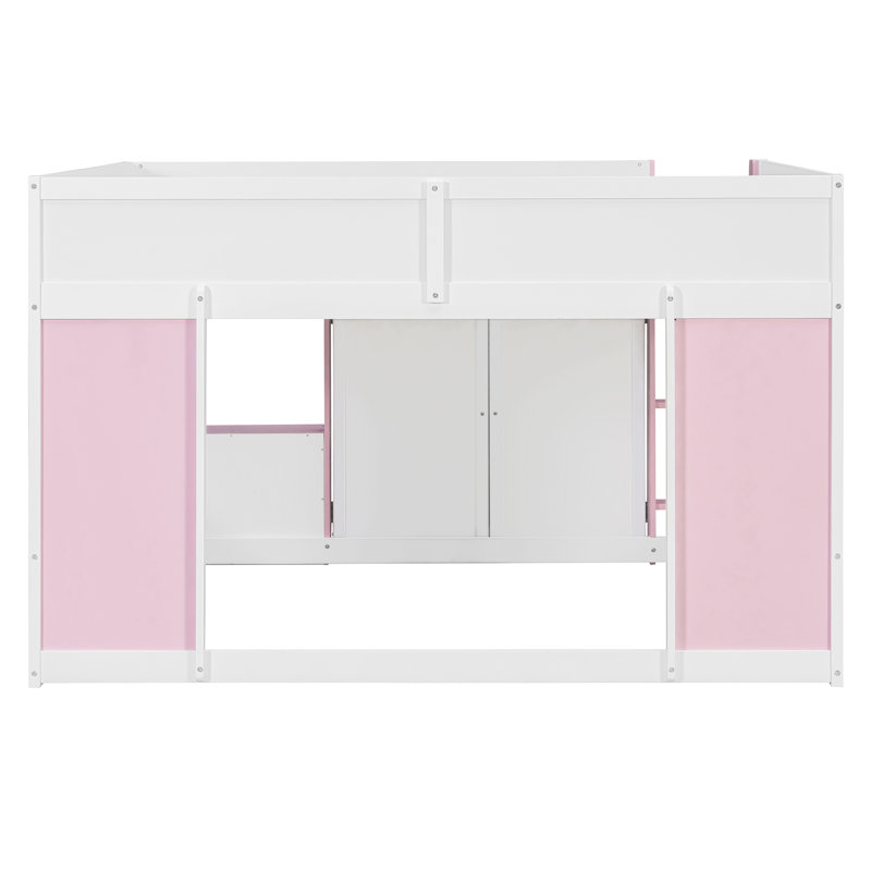 Lit mezzanine double avec maisonnette et rangement, lit en bois moderne pour enfants et adolescents, blanc et rose