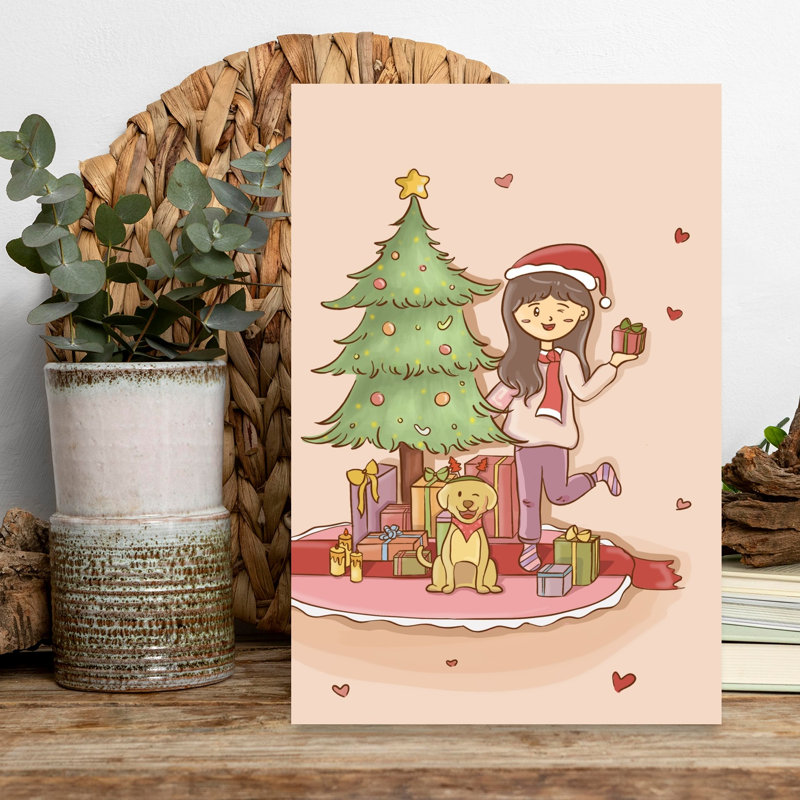 Winking Girl Christmas Puppy Abstract Contemporary Christmas Tree Dog Winter Architecture Wall Art Print 1 Piece Wrapped Canvas Wall Art