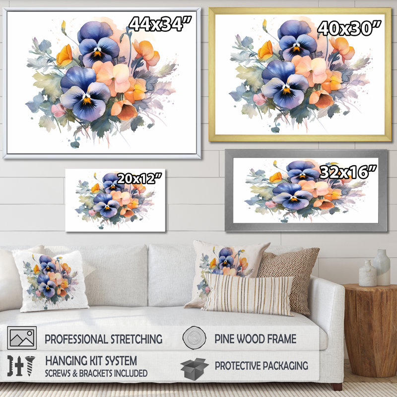 Fleurs de Pensée colorées sur toile, Cadre flottant doré, H 24 po x l 32 po