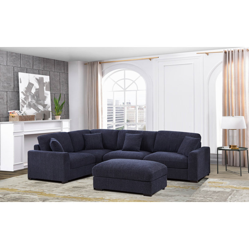 Angellee Modern Upholstered Sectional Sofa 5-seat Modular Wedge Couch w/ Ottoman & 4 Pillows, Dark Blue Polyester Blend