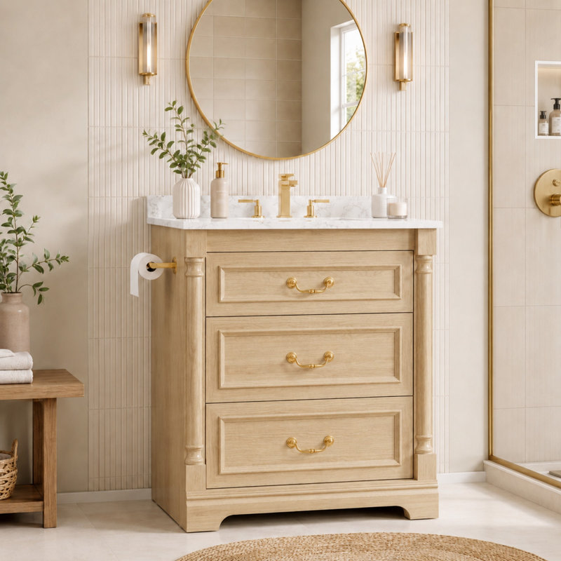 Meuble-lavabo autoportant de 30 po avec comptoir d'évier, armoire de rangement avec tiroirs et support latéral beige, Beige