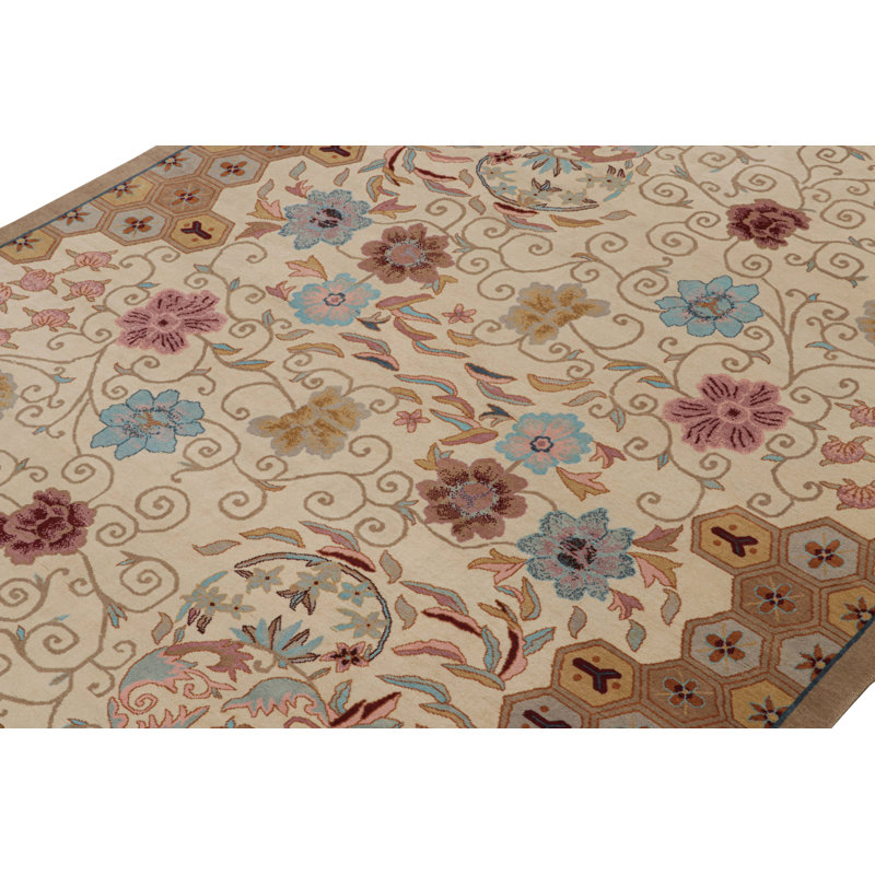 Rug & Kilim’S Chinese Art Deco Style Rug In Beige-Brown With Floral Patterns, Rectangle 8'9" x 12'1"