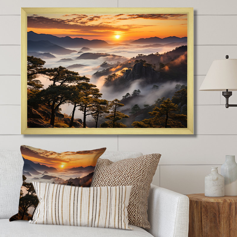 Mountain majestueux Sunsets Embrace II - forêt et rivière, art mural, Cadre flottant blanc, H 12 po x l 20 po x P 1 po