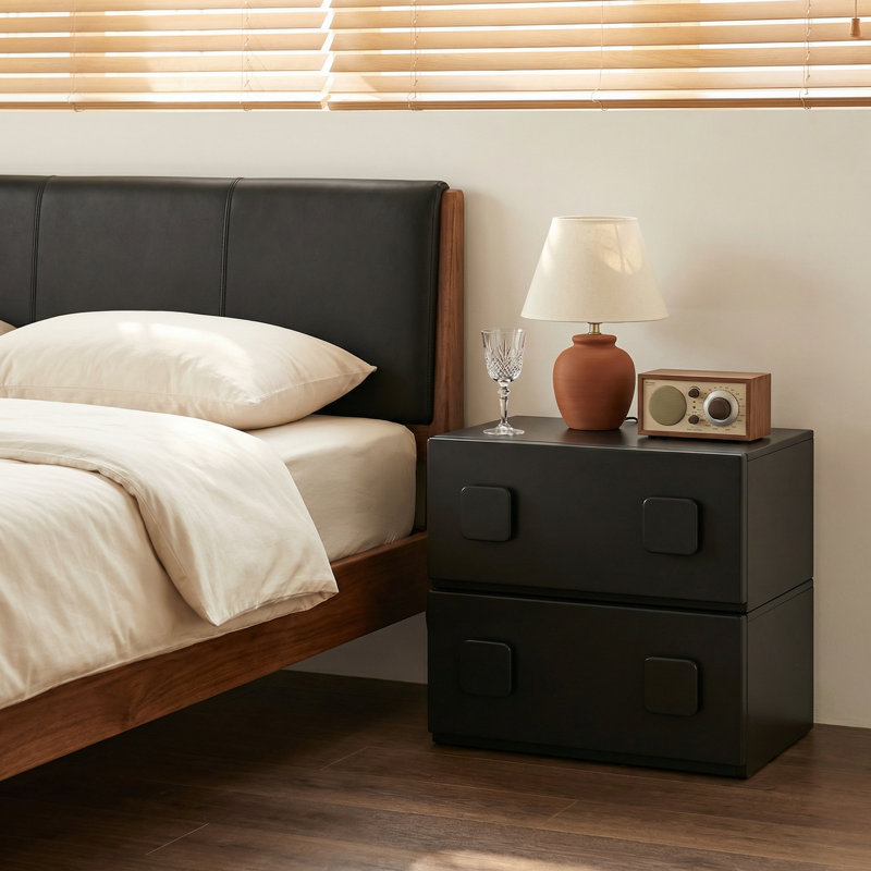 Table de chevet empilable en chêne massif 22,8 po, Black Rubberwood, Ensemble de 2, Poignée carrée