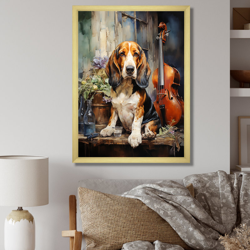 Basset hound, mélodie sur toile, Cadre doré simple, H 44 po x l 34 po x P 1,5 po