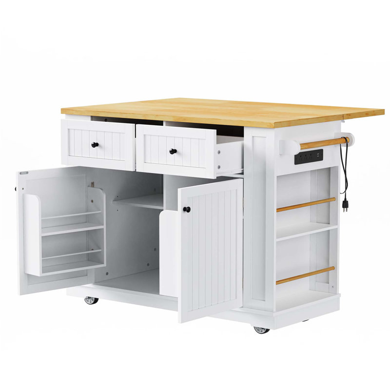 48 Inch Large Kitchen Island With Drop Leaf,Power Outlet,5 Wheels With 5 Open Side Racks(Not Include Stools), White